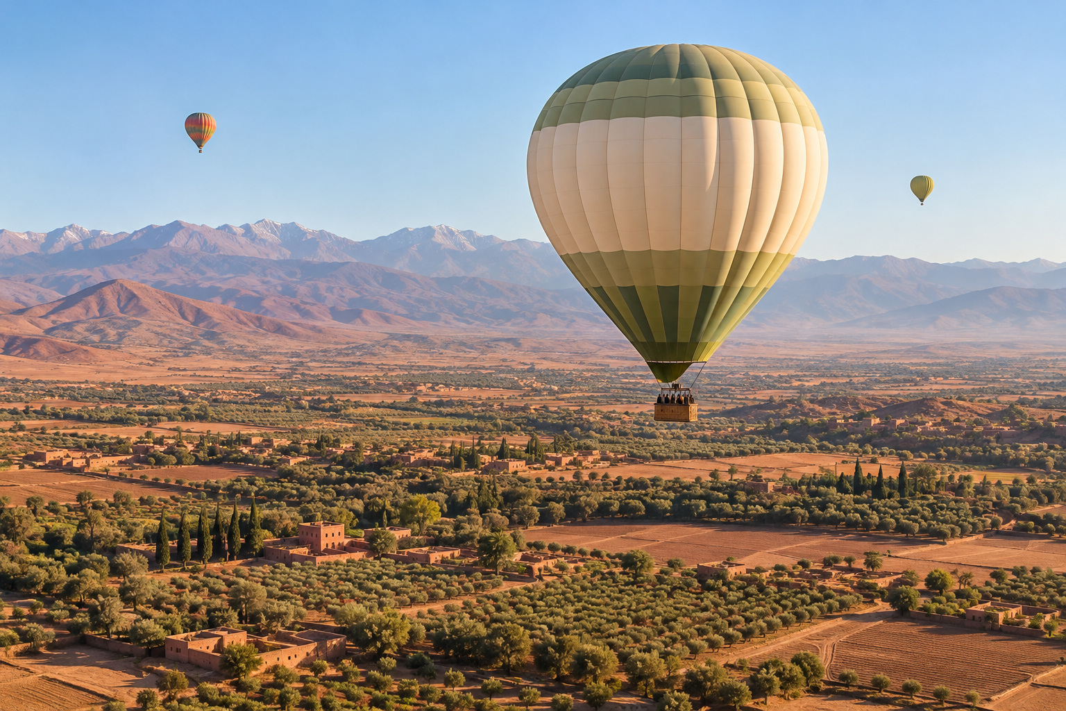 An ivory balloon floating above olive groves with the Atlas Mountains beyond