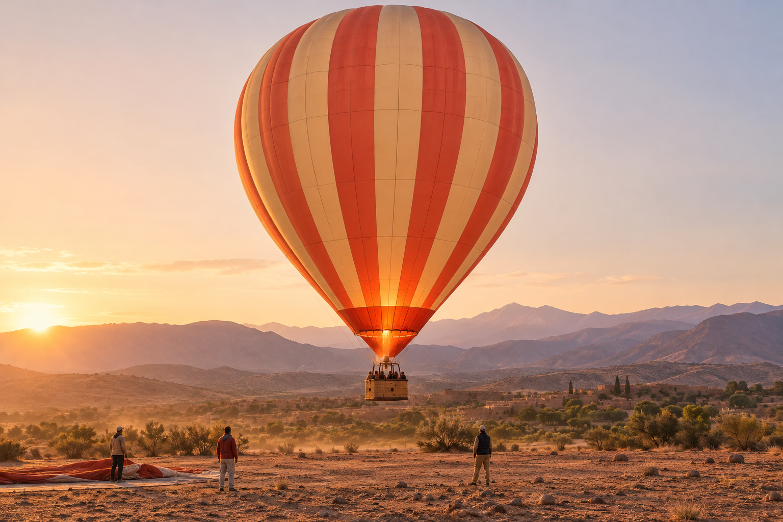 A coral balloon lifting off from a Moroccan field at dawn