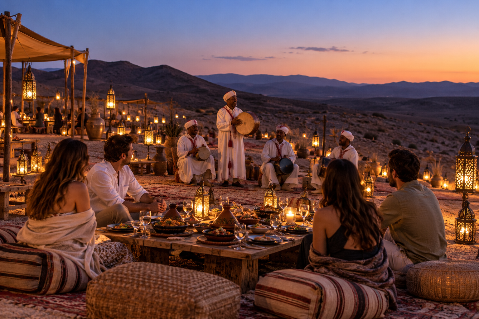 An illustrative Agafay dinner show under lantern light