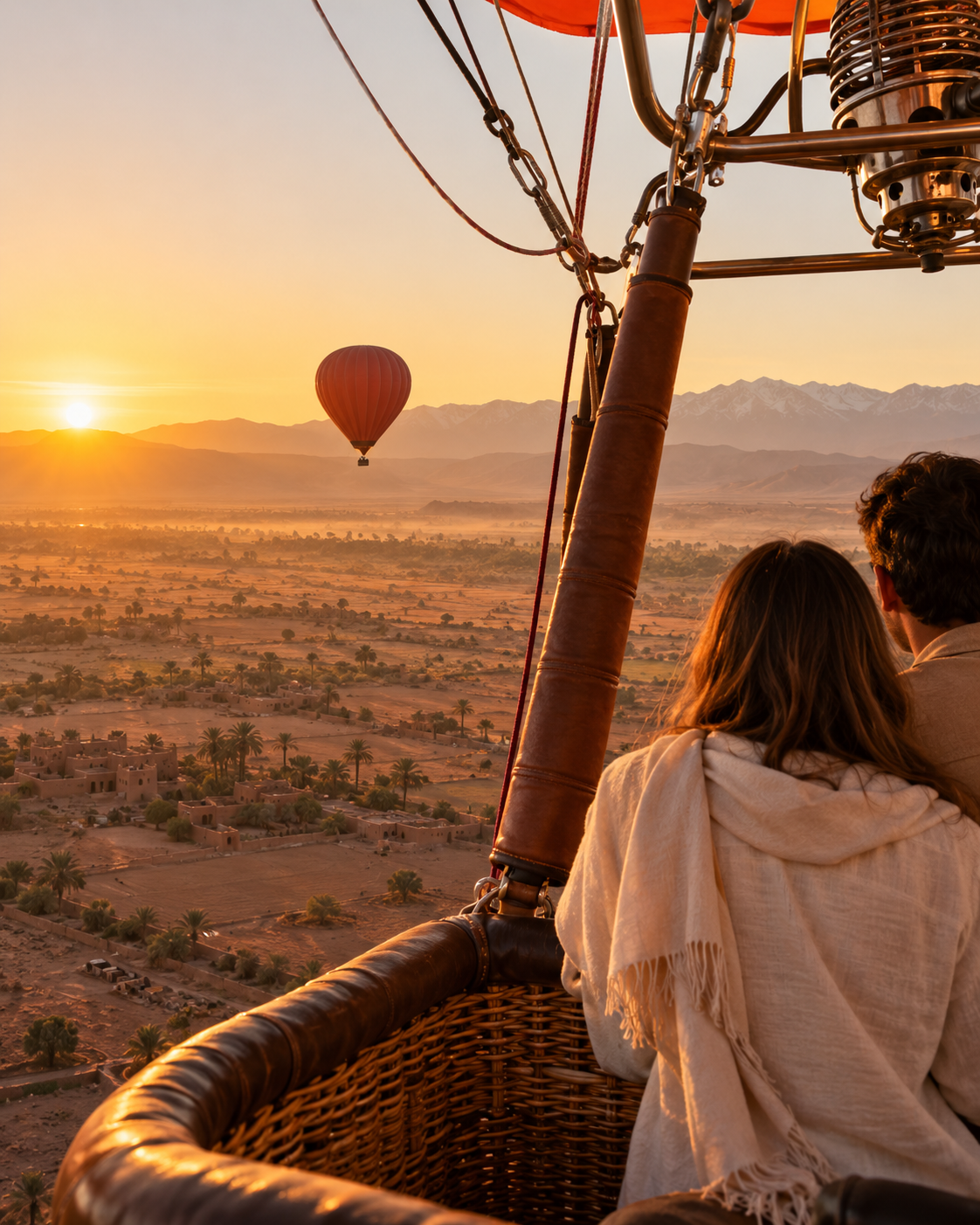 Travellers looking out from a balloon basket at sunrise