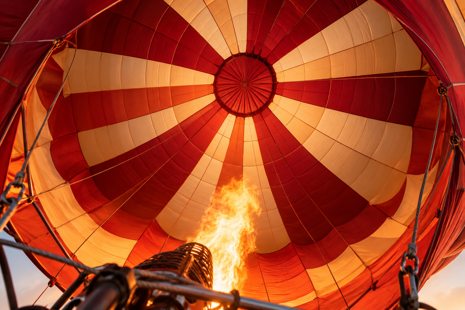 Looking up into a glowing balloon envelope