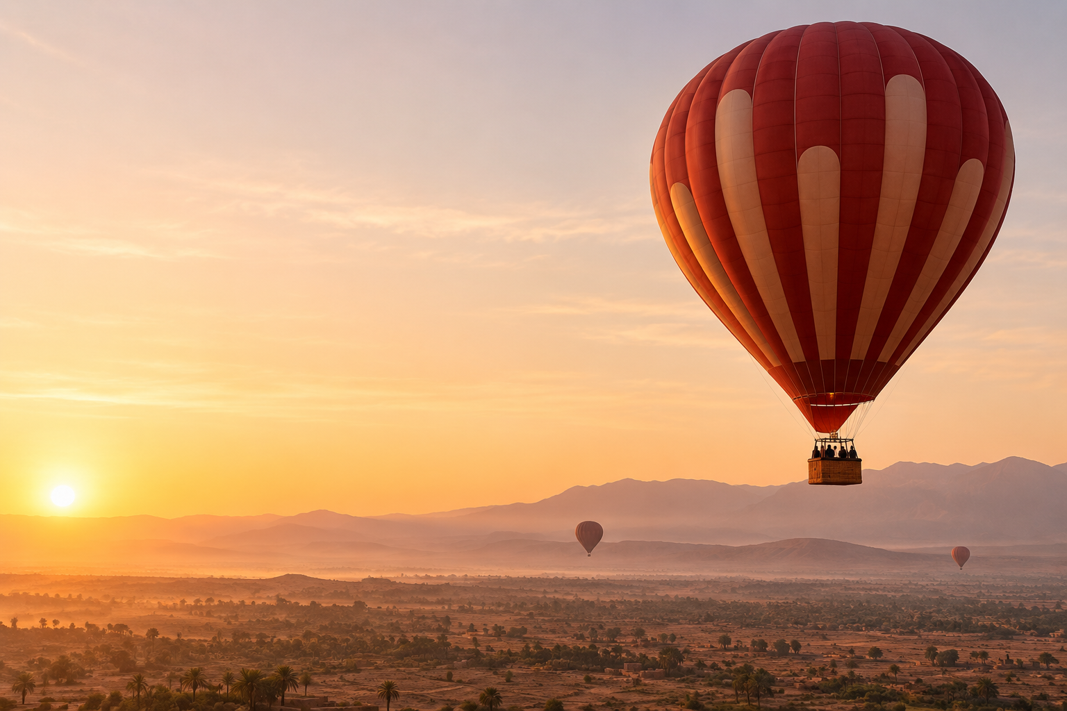 A hot air balloon above the landscape at dawn.